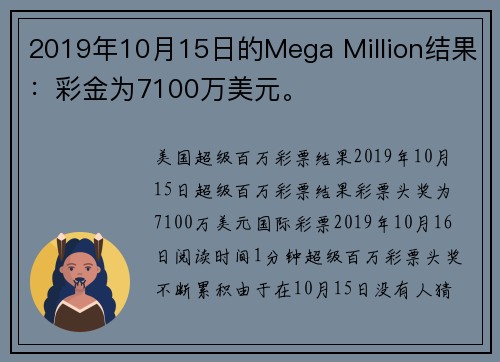 2019年10月15日的Mega Million结果：彩金为7100万美元。