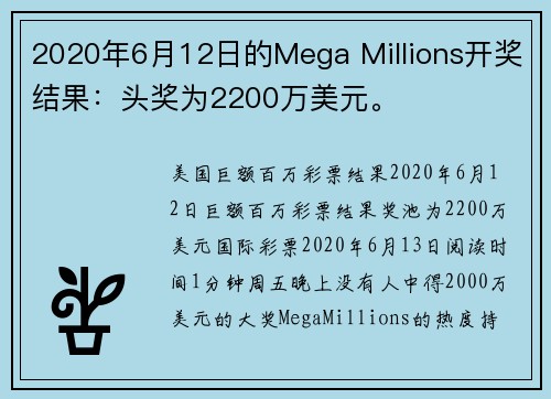 2020年6月12日的Mega Millions开奖结果：头奖为2200万美元。