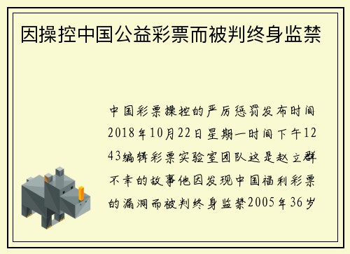 因操控中国公益彩票而被判终身监禁